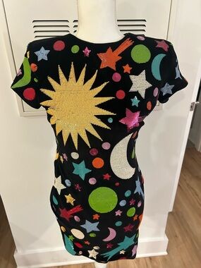 QUEEN OF SPARKLES Black Multicolor Celestial Sequin Bodycon Dress